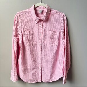 L.L. Bean Seersucker Shirt Women's Medium Coral Pink Stripes Preppy Nautical Top